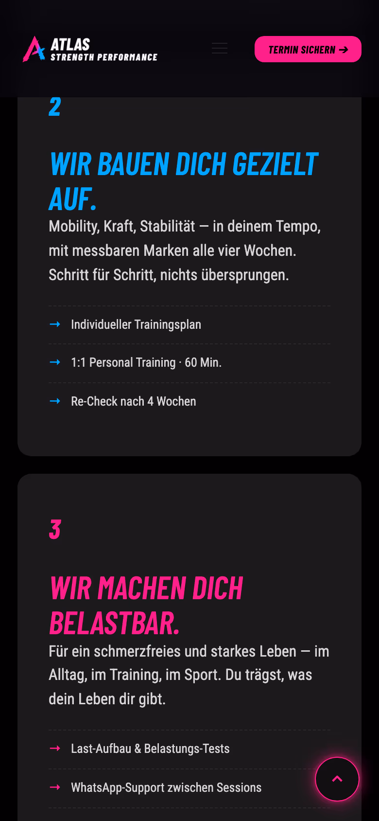 Ausschnitt weiter unten auf der Seite von Atlas Strength Performance auf dem Handy